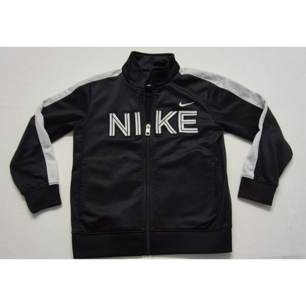 Nike boys black fully zip track jacket white logo & strips on arms sz 6
